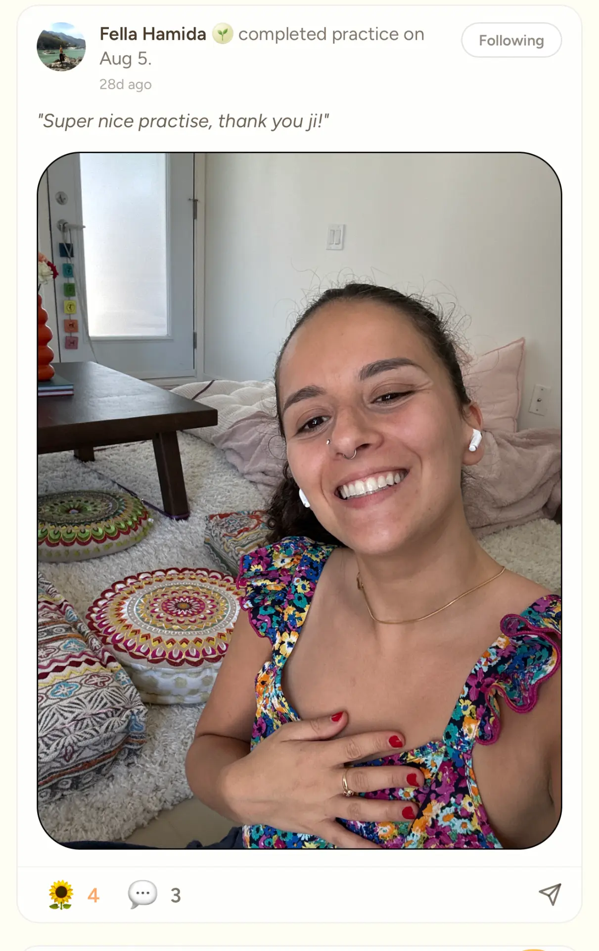 A yogi sharing their completed practice with the community