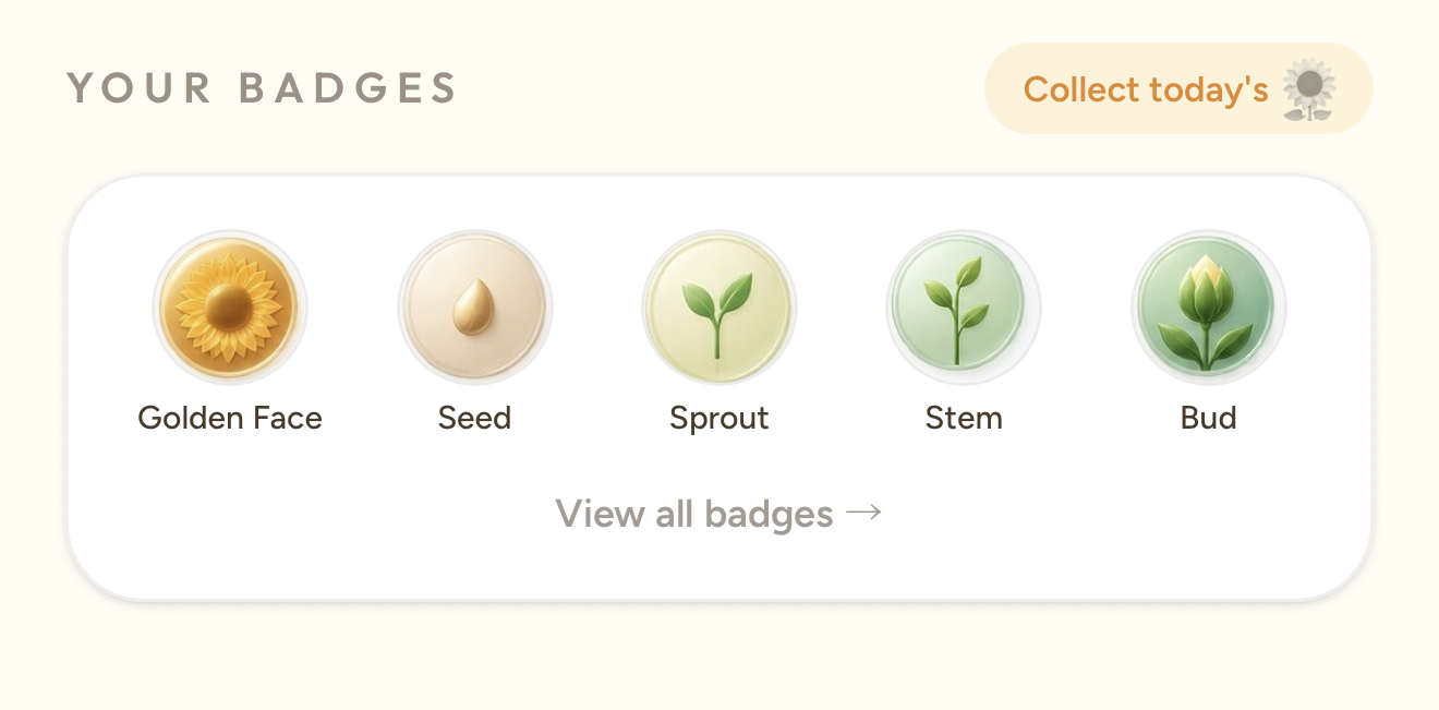 Yoga badges screen showing earned encouragement badges