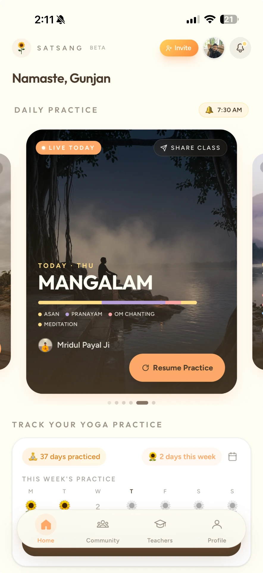 Satsang app home screen on mobile