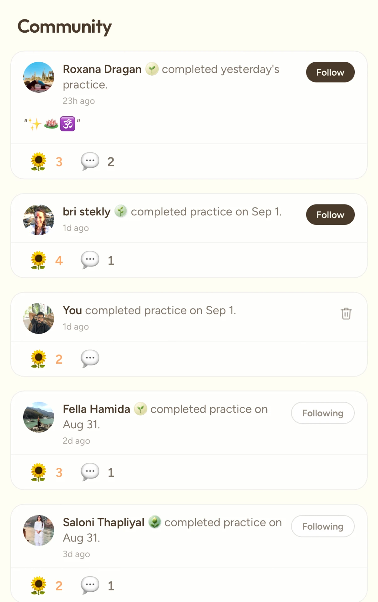 Community feed showing completed practice posts