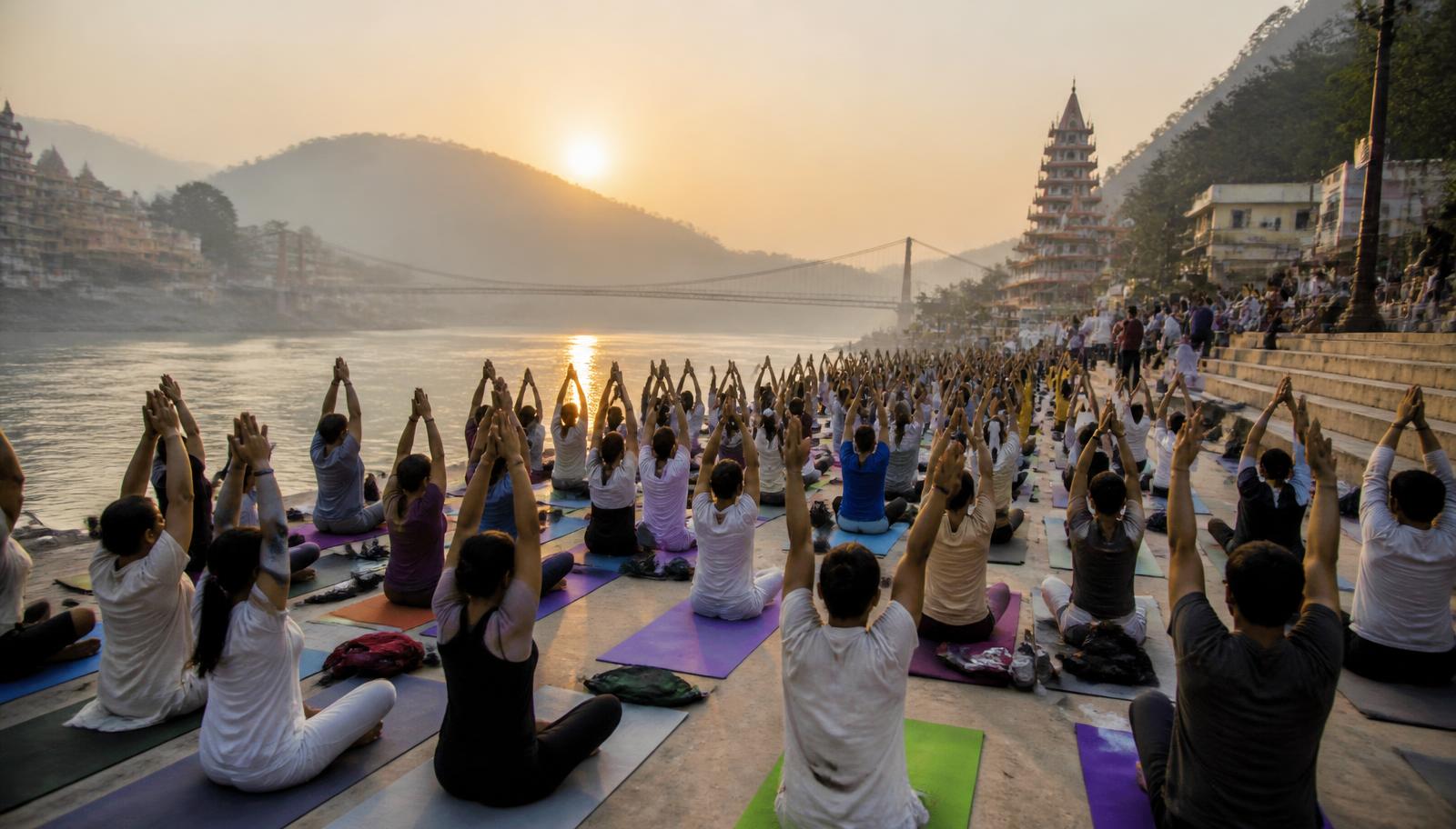 A large group practising yoga together at sunrise in Rishikesh