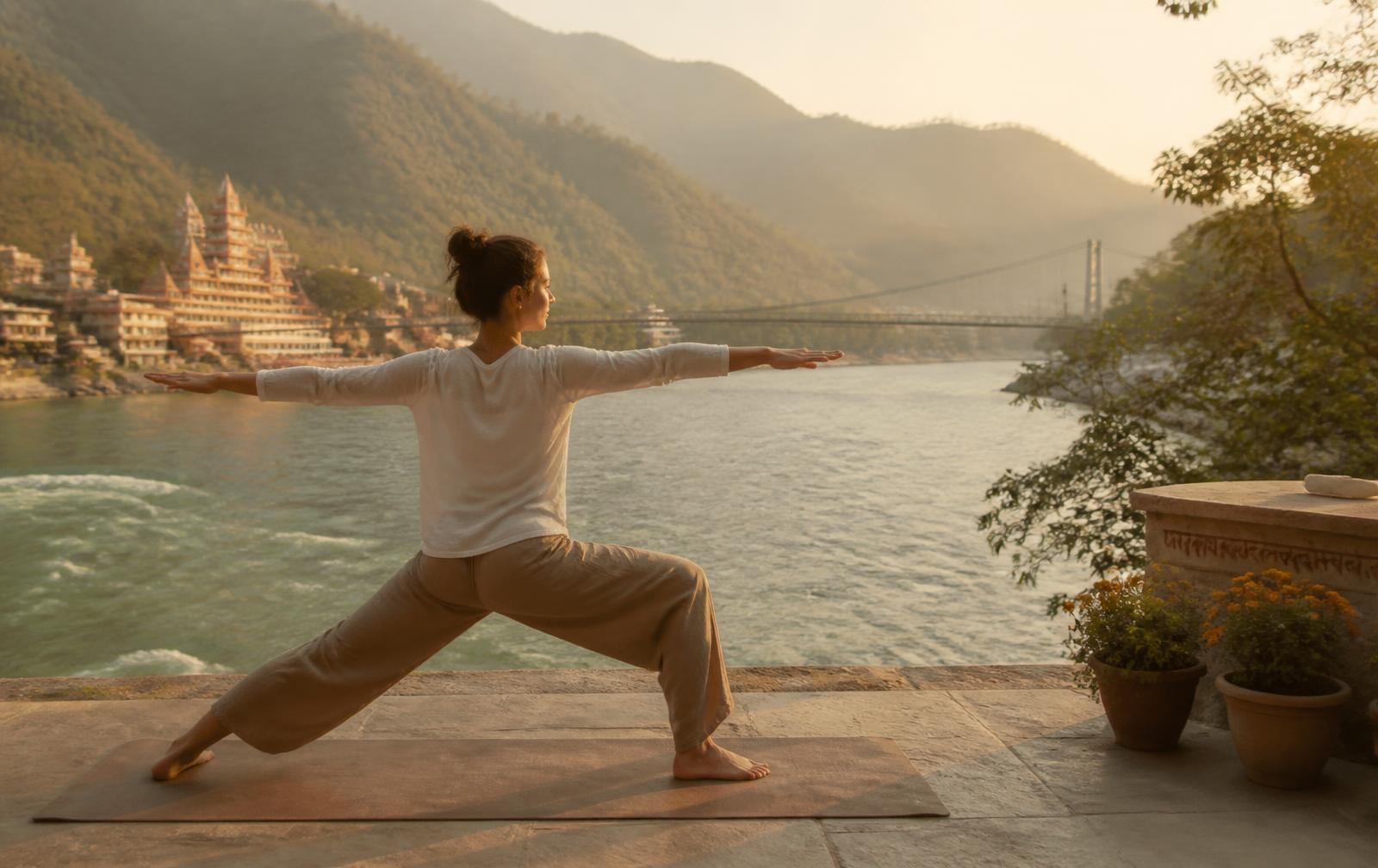 Yoga practice at sunrise on the banks of the Ganga in Rishikesh