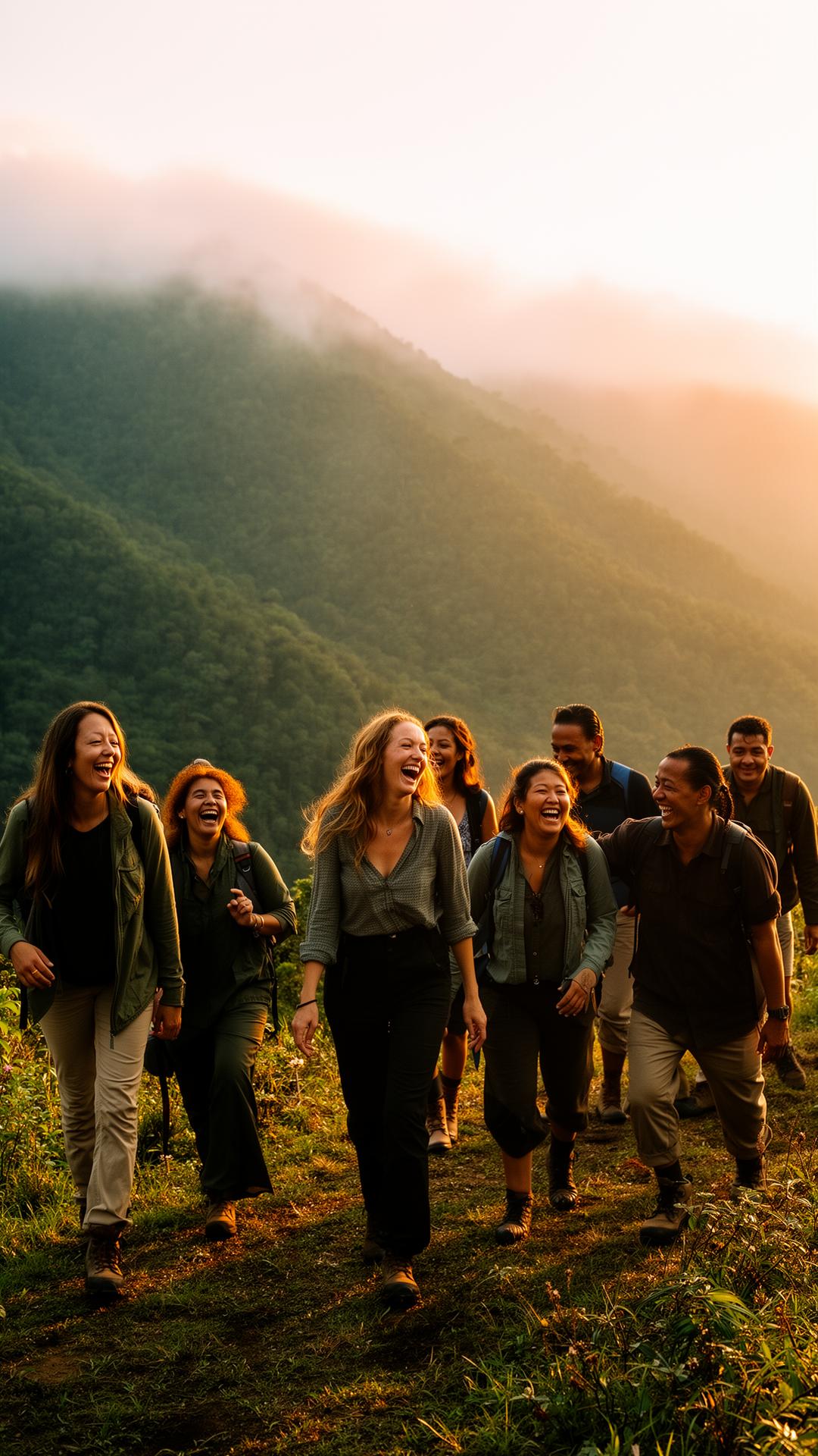 Friends laughing on a mountain retreat at sunrise