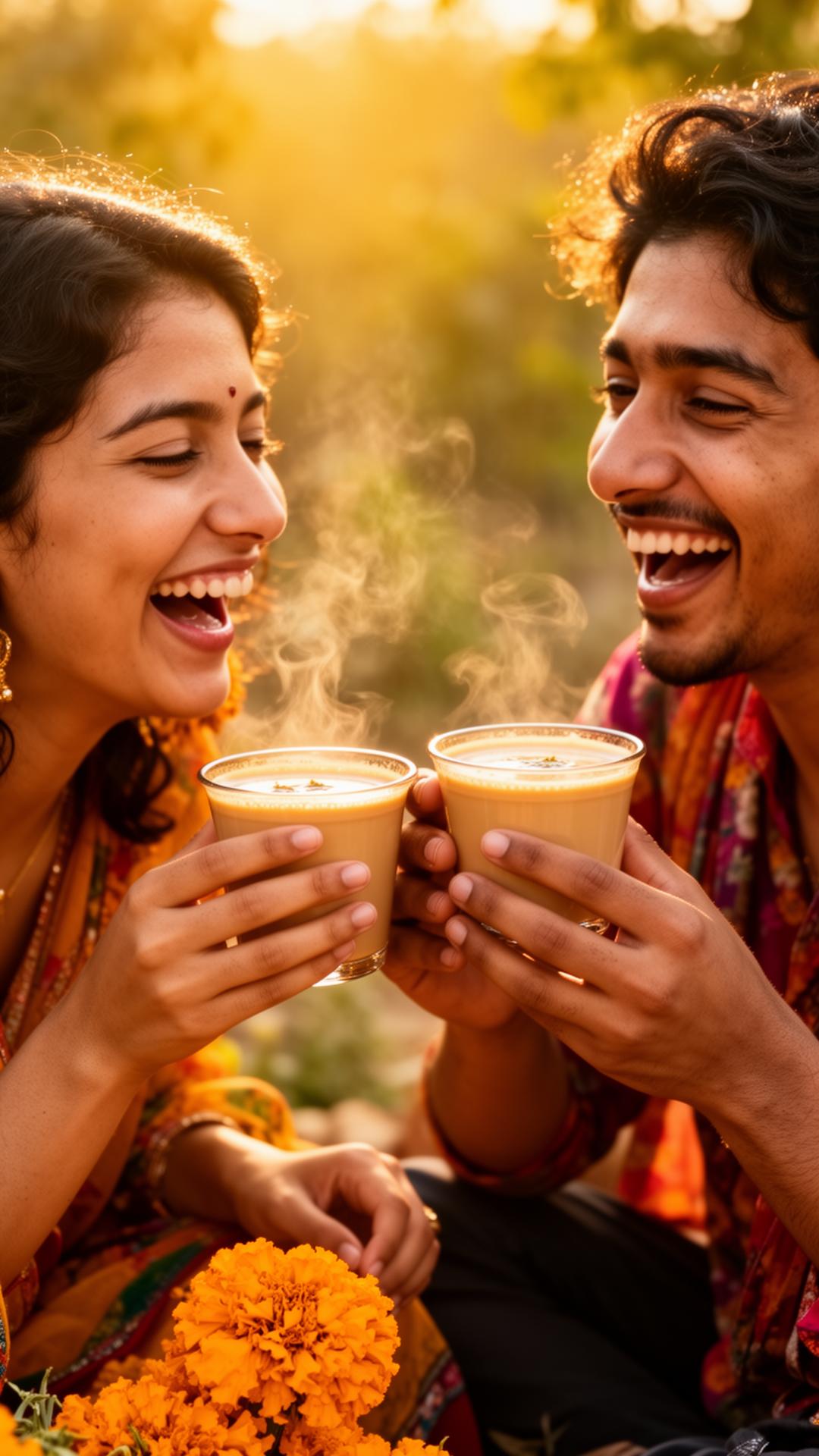 Two friends sharing chai and laughing